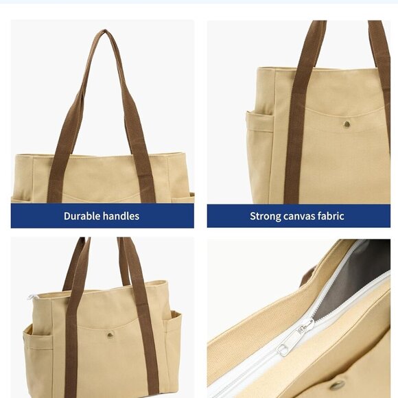 Canvas Tote Bag Durable Fabric Spacious Pockets Daily Use Travel Work - Picture 4 of 6